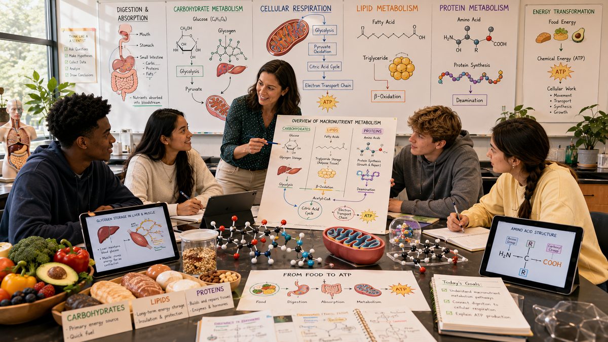 High school biology students investigate carbohydrate, lipid, and protein metabolism, ATP production, cellular respiration, digestion, and human energy metabolism through collaborative learning.