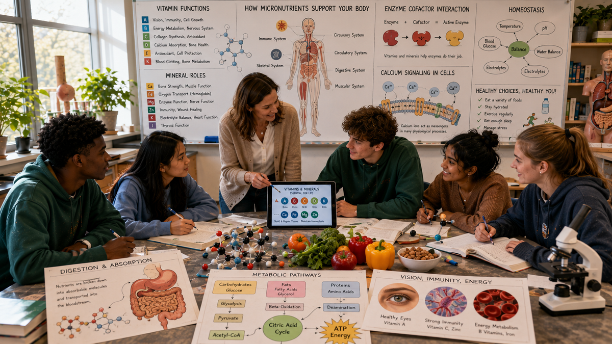 High school biology students explore vitamins, minerals, metabolism, enzyme function, nutrition, homeostasis, and human physiology through collaborative inquiry-based learning.