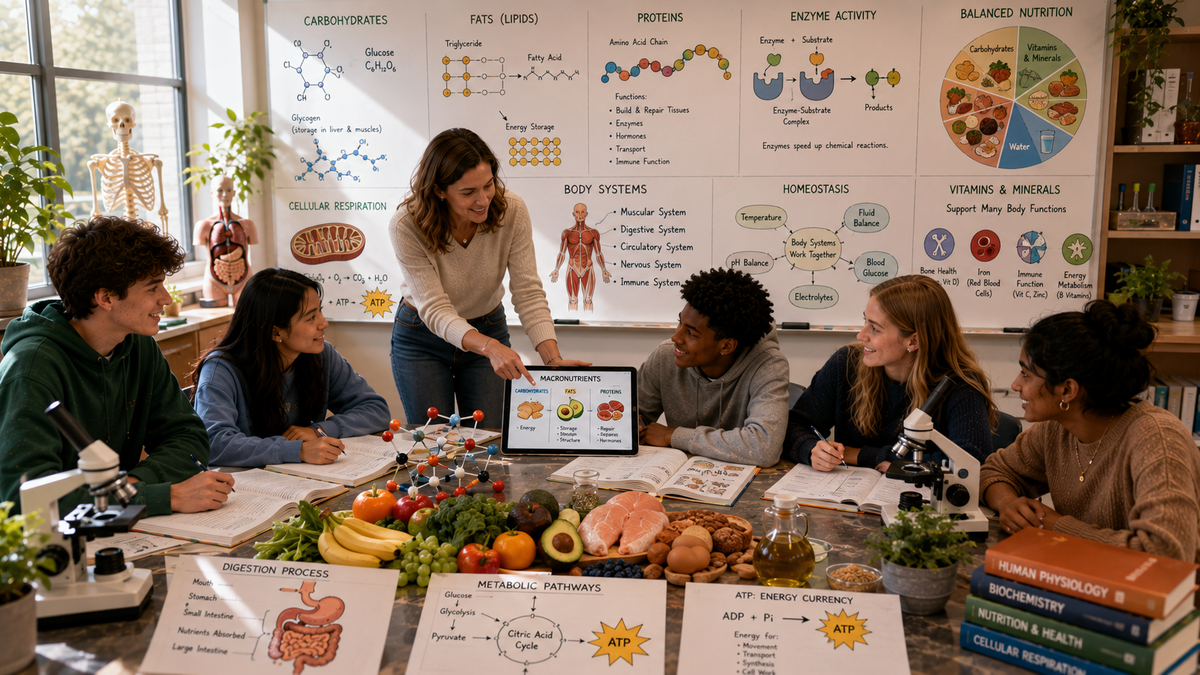 High school biology students investigate carbohydrates, fats, proteins, digestion, metabolism, ATP production, nutrition, and human physiology through collaborative inquiry-based learning.
