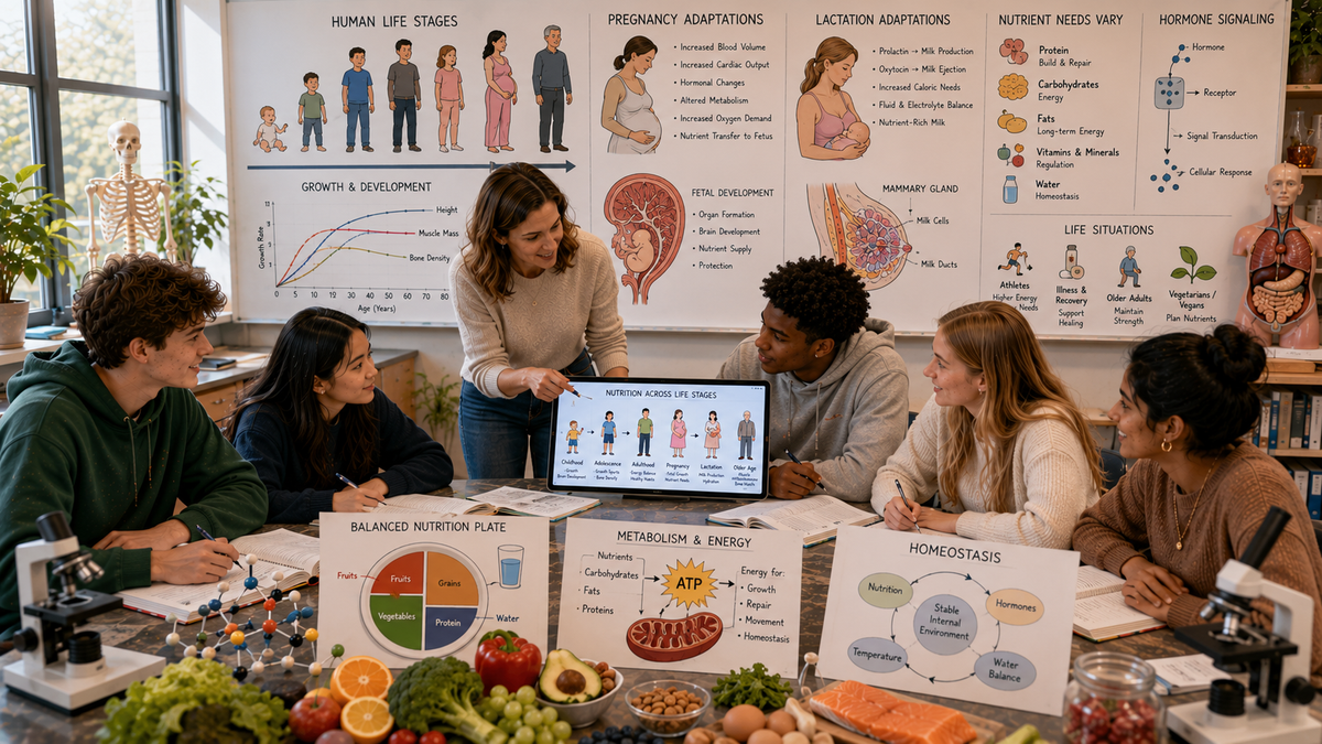 High school biology students investigate nutrition across childhood, adolescence, adulthood, pregnancy, aging, metabolism, human physiology, and healthy development through inquiry-based learning.