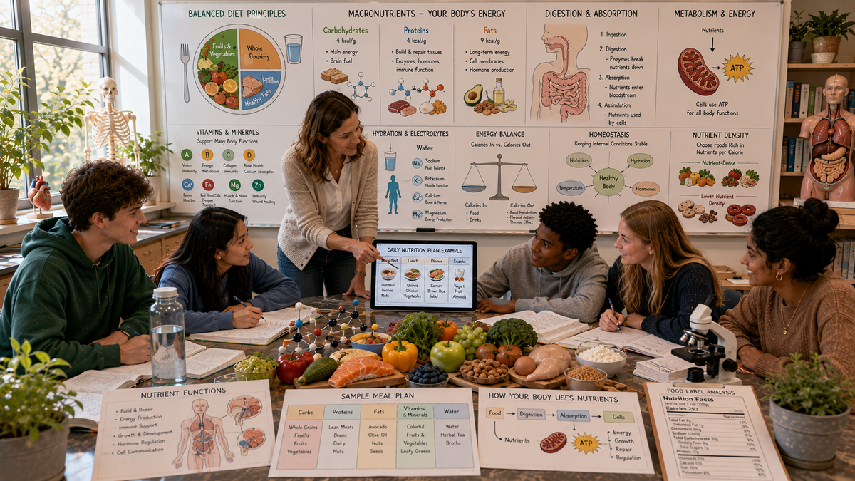 High school biology students investigate balanced diets, nutrients, digestion, metabolism, energy balance, food quality, and human physiology through inquiry-based learning.