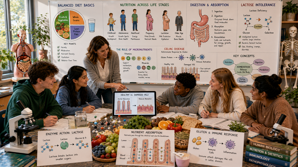High school biology students explore balanced diets, nutrition across life stages, lactose intolerance, celiac disease, digestion, metabolism, and human physiology.