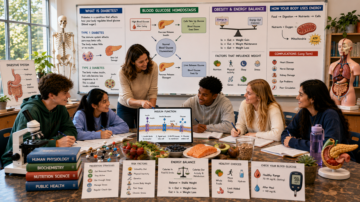 High school biology students learning about diabetes, obesity, insulin, blood glucose regulation, metabolism, energy balance, and human physiology in a collaborative classroom.