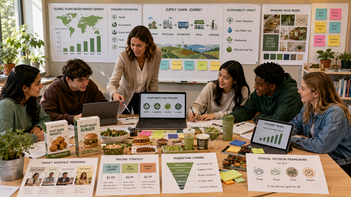 High school business students investigate plant-based food strategies, marketing, consumer behavior, sustainability, branding, supply chains, and product innovation.