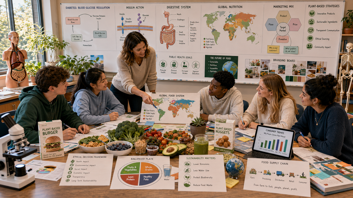 High school students investigate nutrition, health science, food systems, diabetes, obesity, sustainability, marketing, and the food industry through interdisciplinary learning.