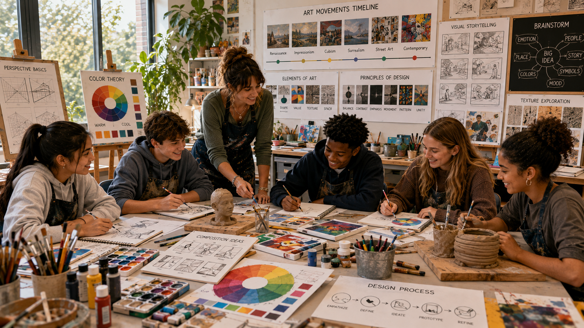 Middle school students explore drawing, painting, sculpture, design thinking, creativity, visual literacy, and collaborative art projects in a modern classroom.