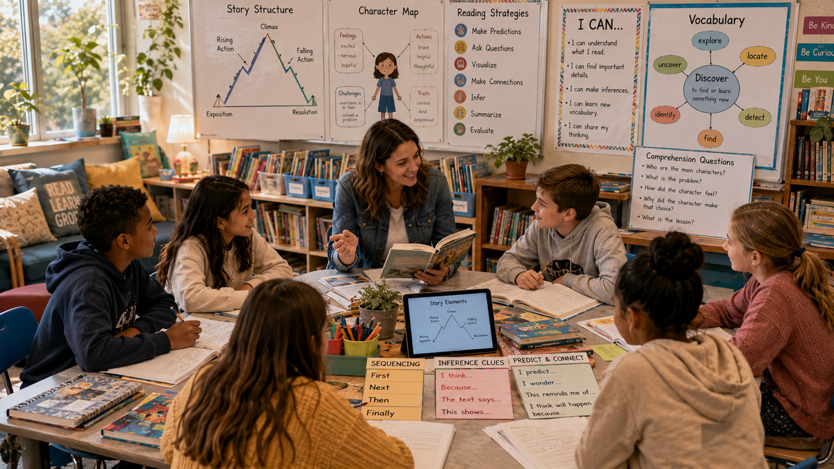 Grade 5 students develop reading comprehension through engaging stories, discussion, inference, vocabulary, sequencing, and collaborative literacy activities.