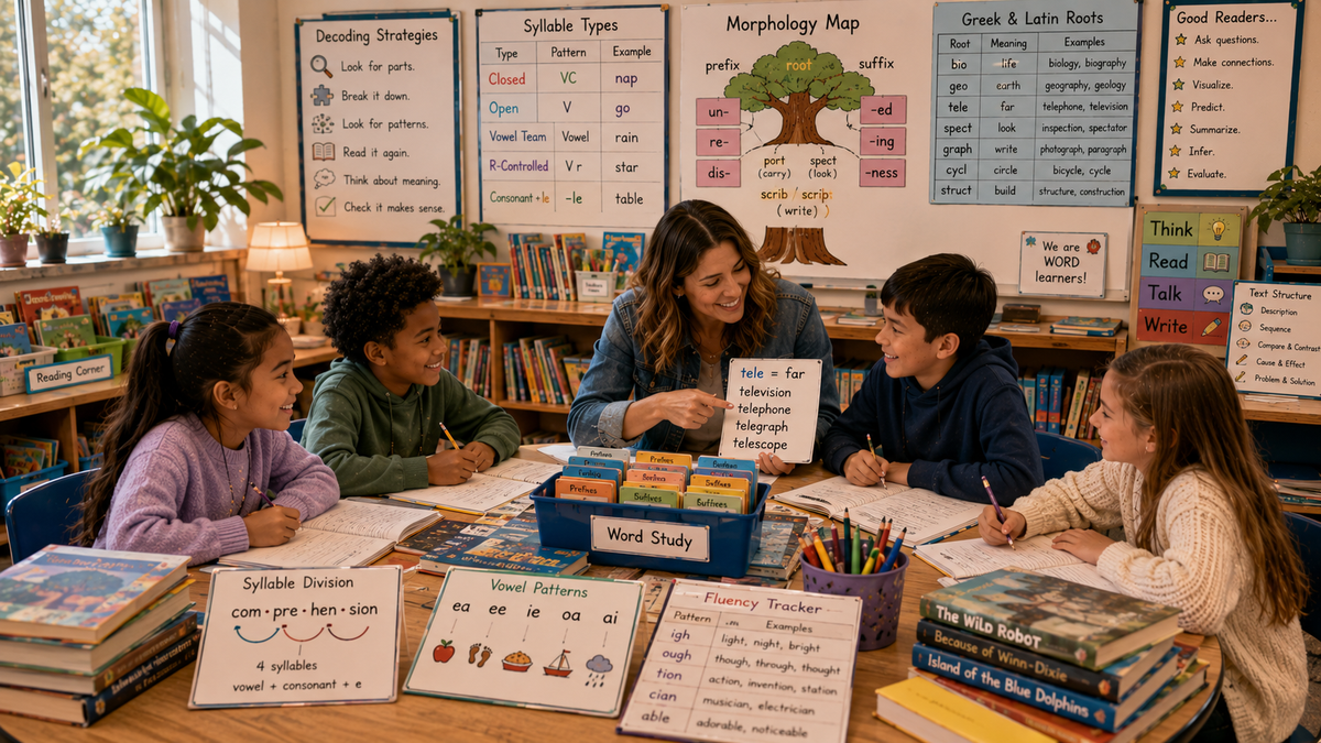 Grade 4 students develop advanced phonics, multisyllabic decoding, morphology, spelling, vocabulary, reading fluency, and comprehension through engaging word study lessons.