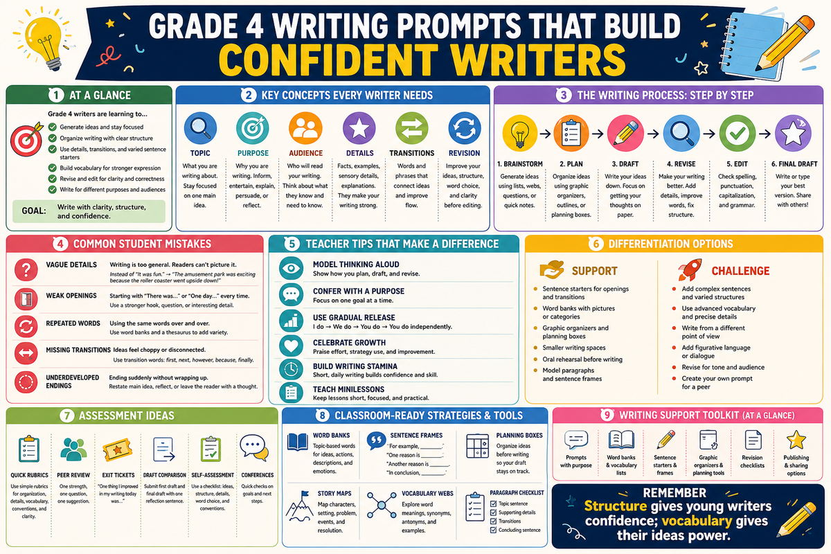 Premium educational infographic for Grade 4 writing prompts, paragraph structure, word banks, sentence starters, drafting routines, differentiation, common writing mistakes, and assessment ideas