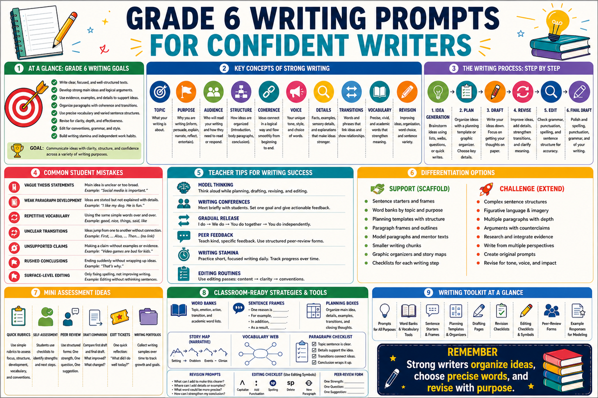 Premium educational infographic for Grade 6 writing prompts, structured writing practice, vocabulary support, planning templates, drafting routines, revision checklists, peer review, editing tools, differentiation, and assessment ideas