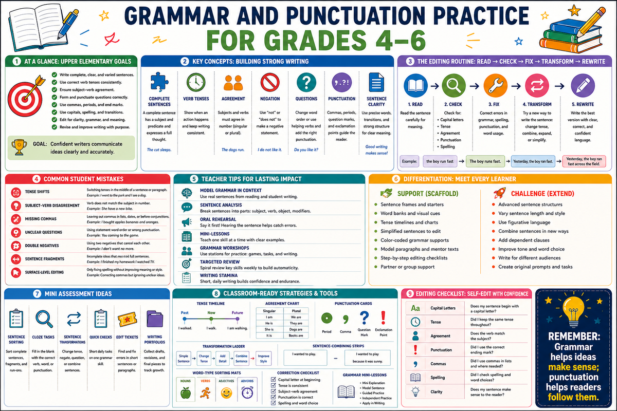 Premium educational infographic for Grades 4–6 grammar and punctuation practice, sentence structure, tenses, subject-verb agreement, negations, questions, commas, periods, error correction, sentence transformations, cloze tasks, and editing confidence