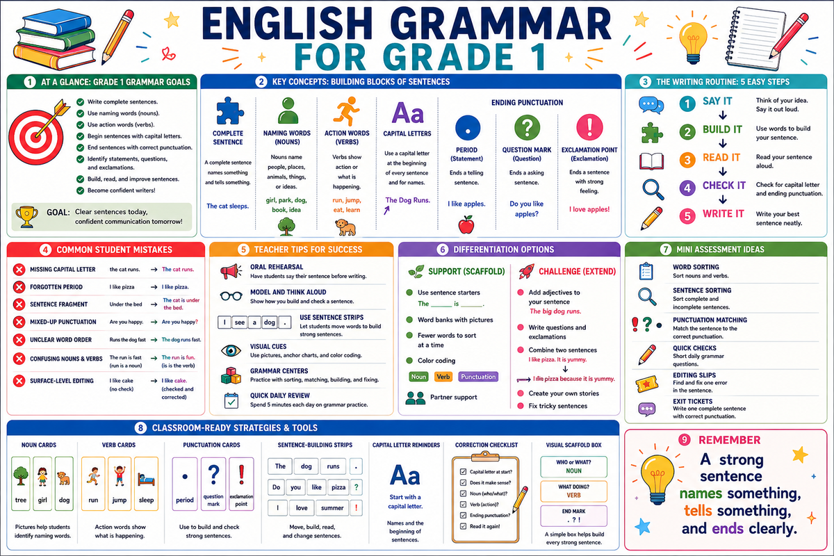 Premium educational infographic for English Grammar Grade 1, complete sentences, nouns, verbs, capital letters, periods, question marks, exclamation points, sentence building, word sorting, and early punctuation practice