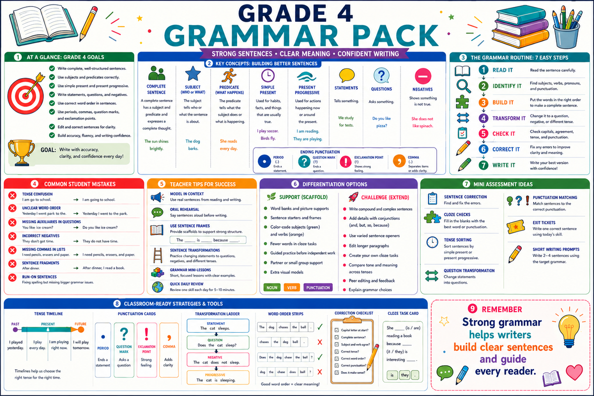 Premium educational infographic for Grade 4 grammar sentence structure verb tenses simple present present progressive punctuation sentence correction word order cloze tasks creative writing prompts and editing confidence