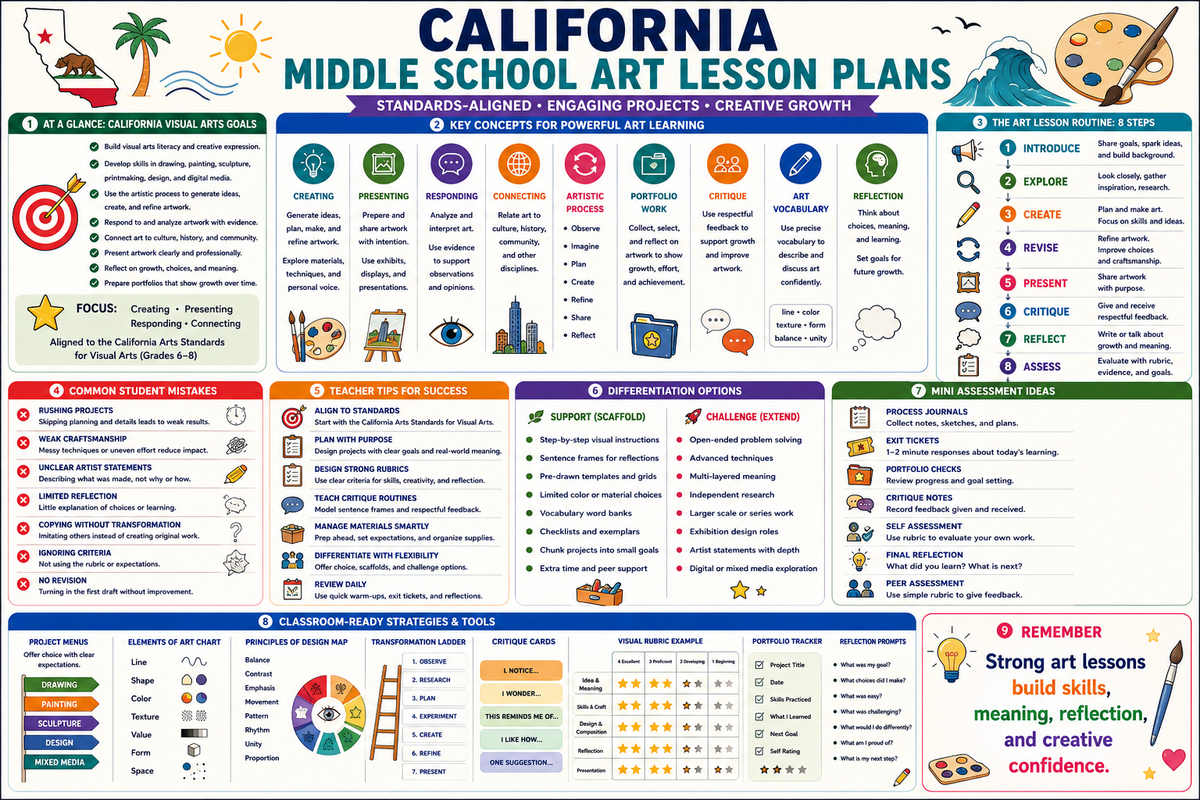 Premium educational infographic for California middle school art lesson plans visual arts standards grades 6 7 8 creating presenting responding connecting art projects critique portfolios assessment and classroom ready instruction