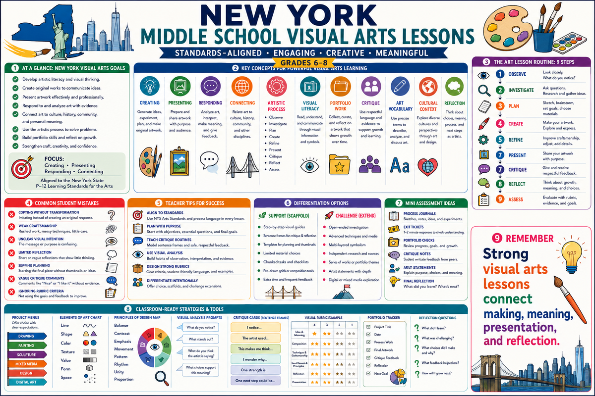 Premium educational infographic for New York middle school visual arts lessons state arts standards grades 6 7 8 creating presenting responding connecting art projects critique portfolios reflection and assessment