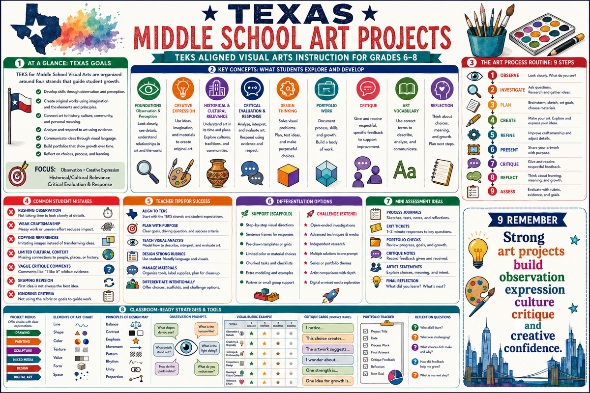 Premium educational infographic for Texas middle school art projects TEKS visual arts instruction grades 6 7 8 observation creative expression historical cultural relevance critical evaluation critique portfolios assessment and classroom ready lessons