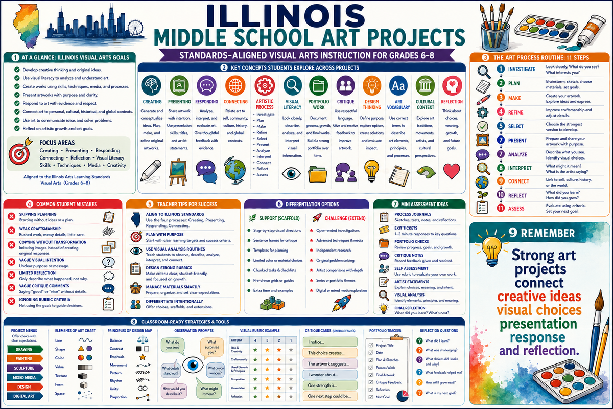 Premium educational infographic for Illinois middle school art projects fine arts learning standards grades 6 7 8 creating presenting responding connecting critique portfolios reflection assessment and classroom ready lessons