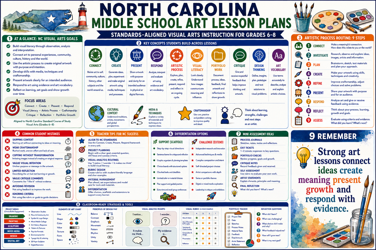 Premium educational infographic for North Carolina middle school art lesson plans visual arts standards grades 6 7 8 connect create present respond portfolios critique reflection assessment and classroom ready projects
