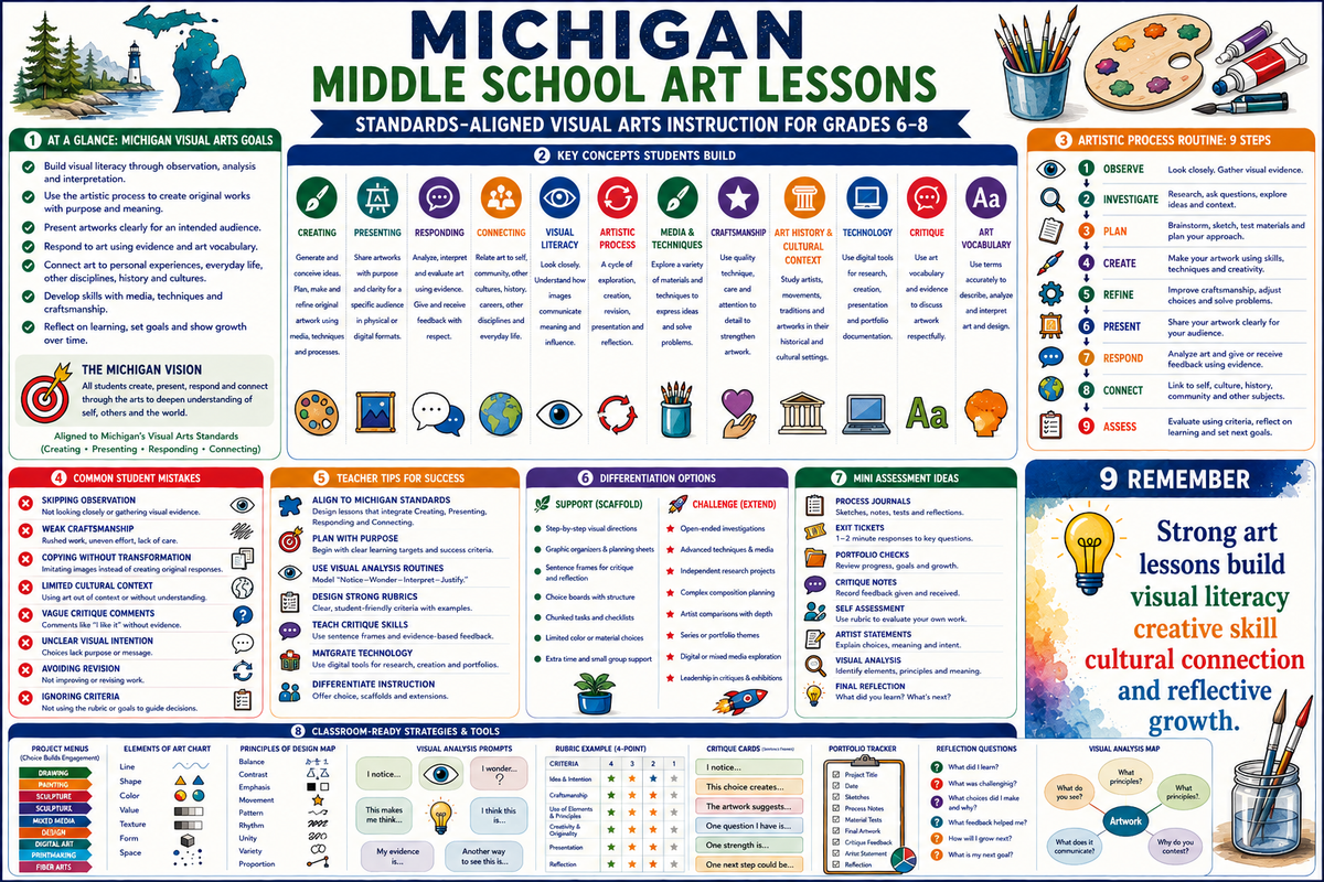 Premium educational infographic for Michigan middle school art lessons visual arts standards grades 6 7 8 creating presenting responding connecting visual literacy portfolios critique reflection assessment and classroom ready projects