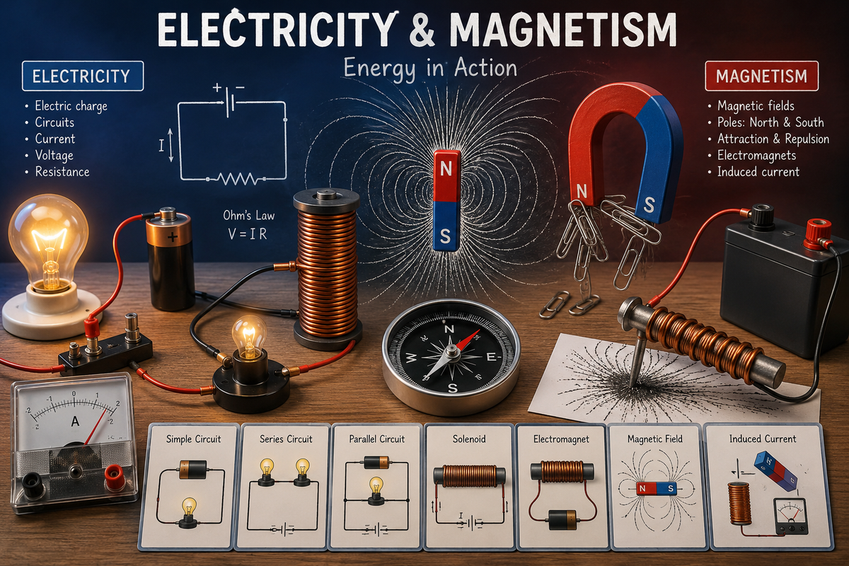 Electricity and magnetism unit for Grades 7 to 9 featuring electric circuits current voltage resistance magnetic fields electromagnets motors generators and picture cards