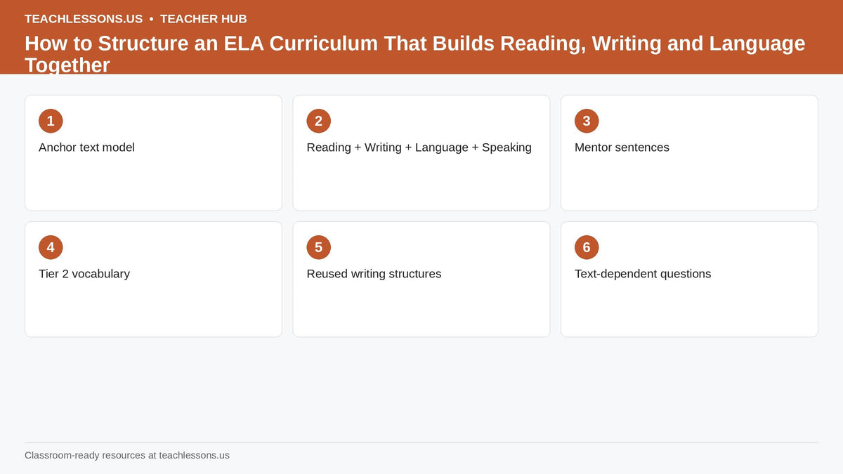 How to Structure an ELA Curriculum That Builds Reading, Writing and Language Together — key points: Anchor text model, Reading + Writing + Language + Speaking, Mentor sentences, Tier 2 vocabulary, Reused writing structures, Text-dependent questions.