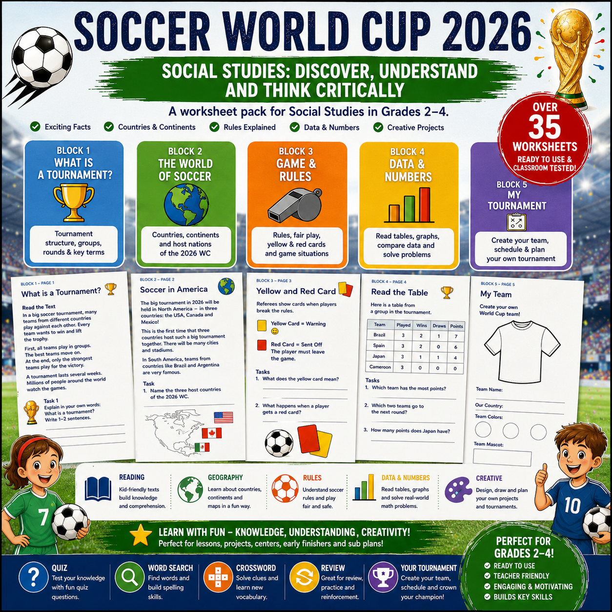 Printable 2026 Soccer World Cup workbook for Grades 2–4 featuring geography activities, countries, continents, tournament brackets, reading comprehension, data analysis, maps, soccer rules and creative classroom projects.
