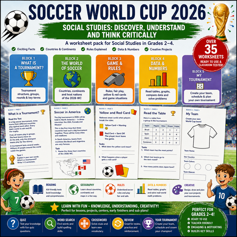 Printable 2026 Soccer World Cup workbook for Grades 2–4 featuring geography activities, countries, continents, tournament brackets, reading comprehension, data analysis, maps, soccer rules and creative classroom projects.