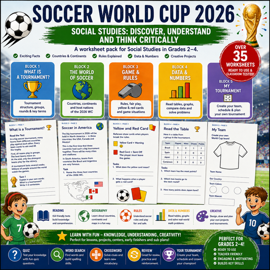 Printable 2026 Soccer World Cup workbook for Grades 2–4 featuring geography activities, countries, continents, tournament brackets, reading comprehension, data analysis, maps, soccer rules and creative classroom projects.