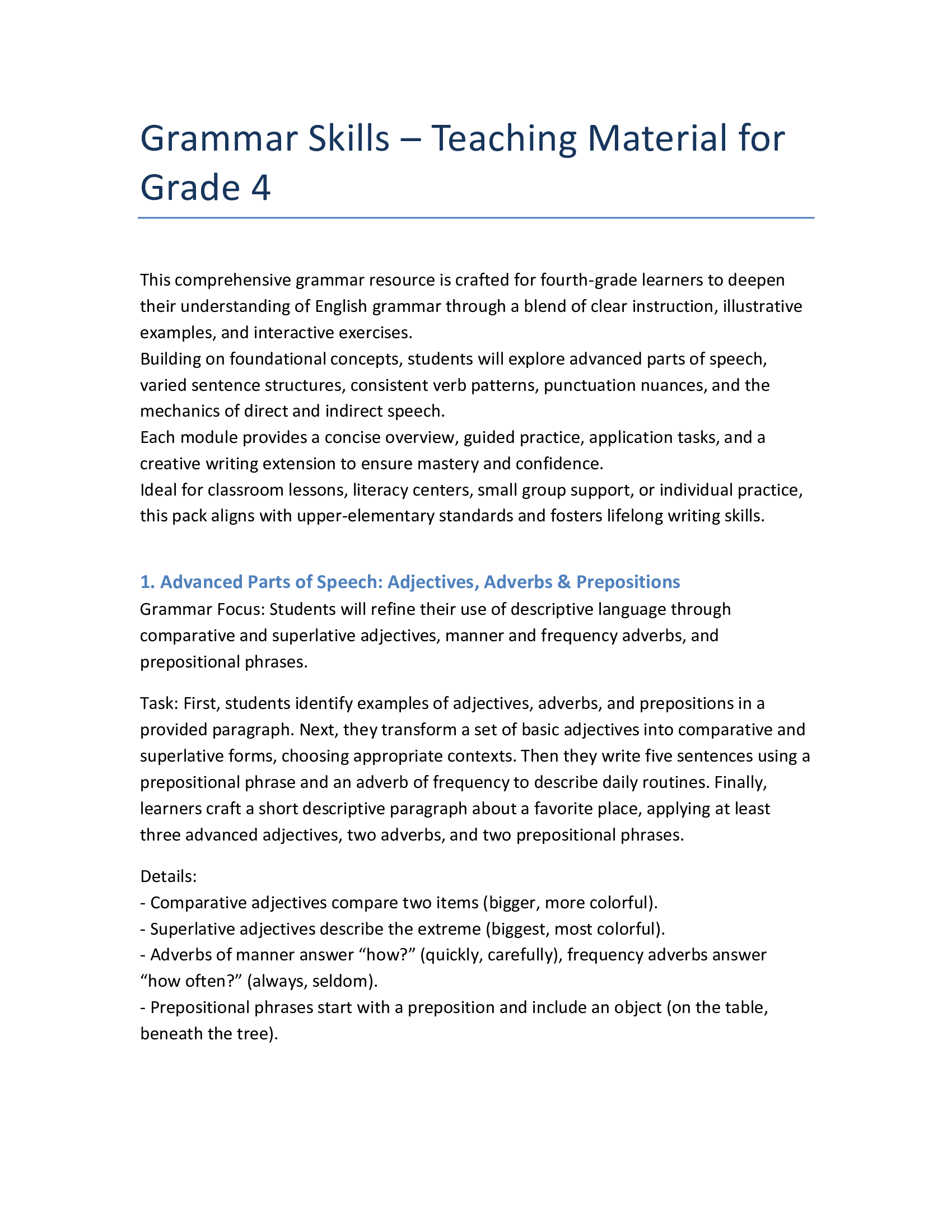 Grade 4 Grammar Pack – Sentence Structure, Tenses & Punctuation