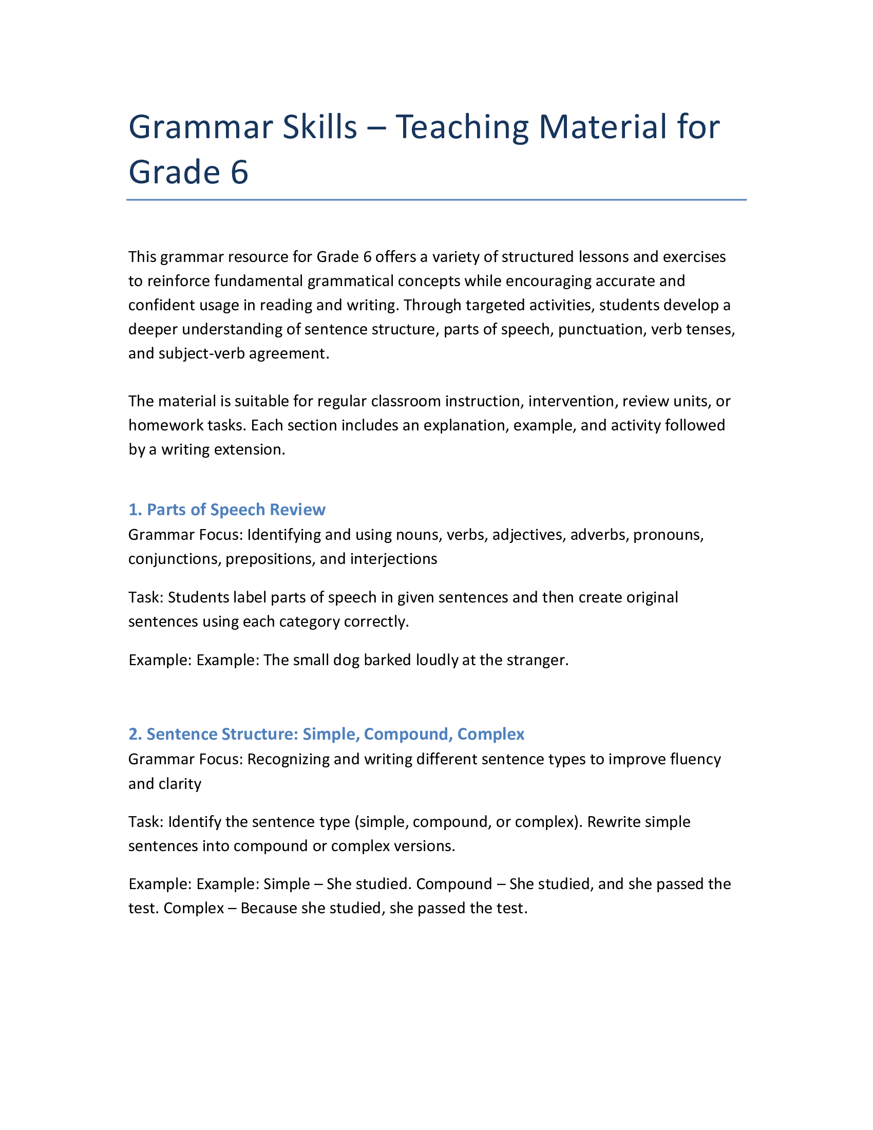 Grade 6 Grammar Practice – Sentence Types & Parts of Speech