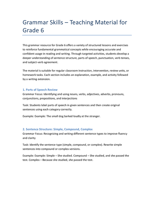 Grade 6 Grammar Practice – Sentence Types & Parts of Speech