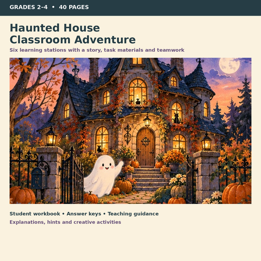 Haunted House Halloween Bundle | Learning Stations, Multiplication, Ad Writing, Crafts & 3D Insects | 5 Resources | Grades 2–4