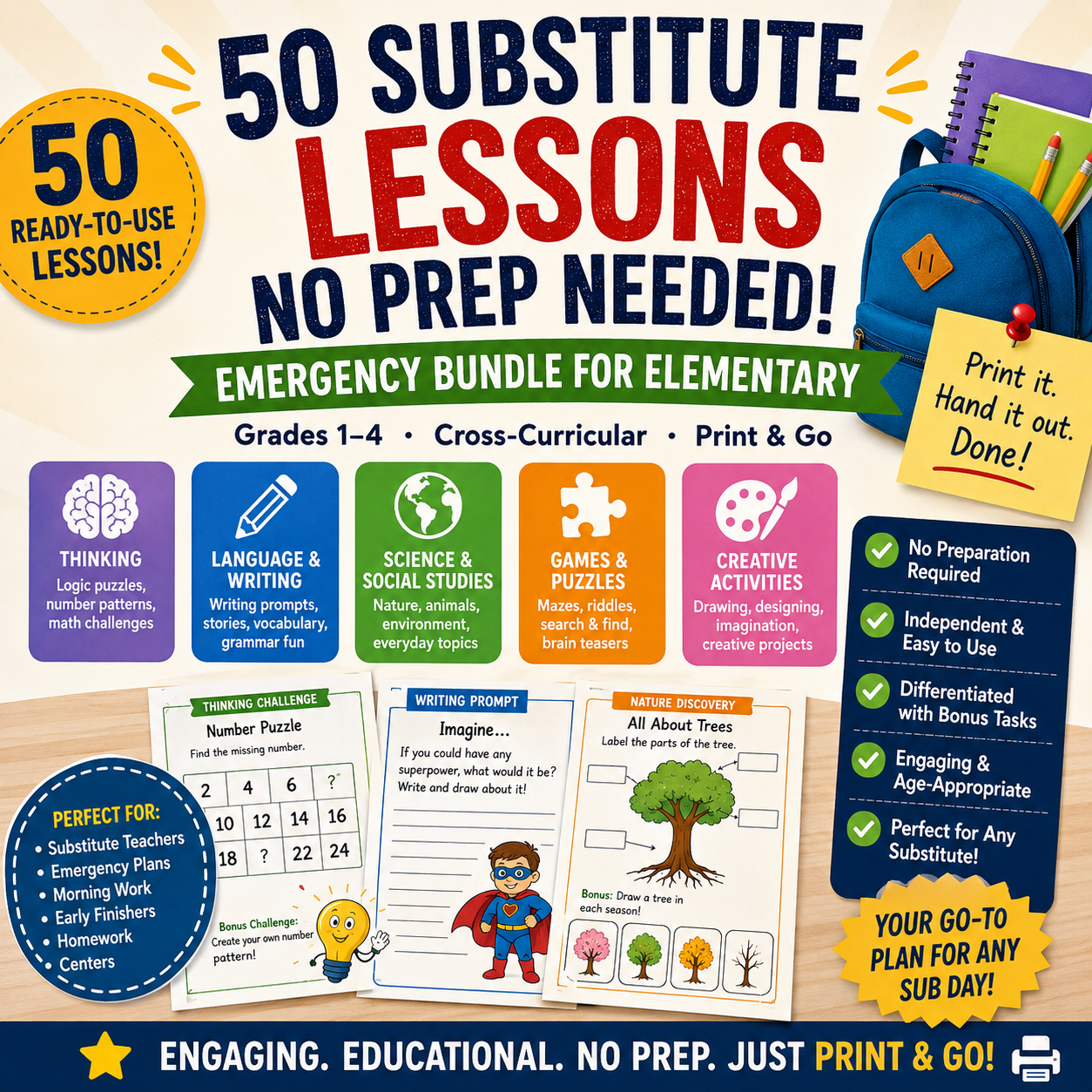Printable elementary substitute lesson bundle featuring 50 no-prep worksheets with thinking challenges, writing prompts, science activities, puzzles and creative tasks for Grades 1–4.