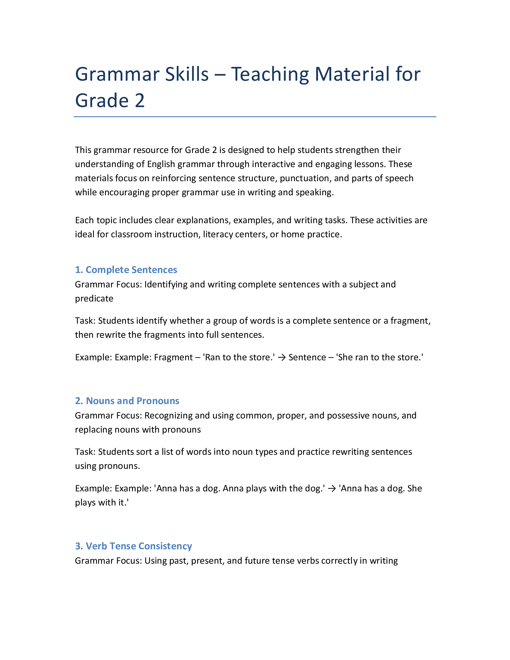 English Grammar Grade 2 – Sentences, Nouns, Verbs & Punctuation