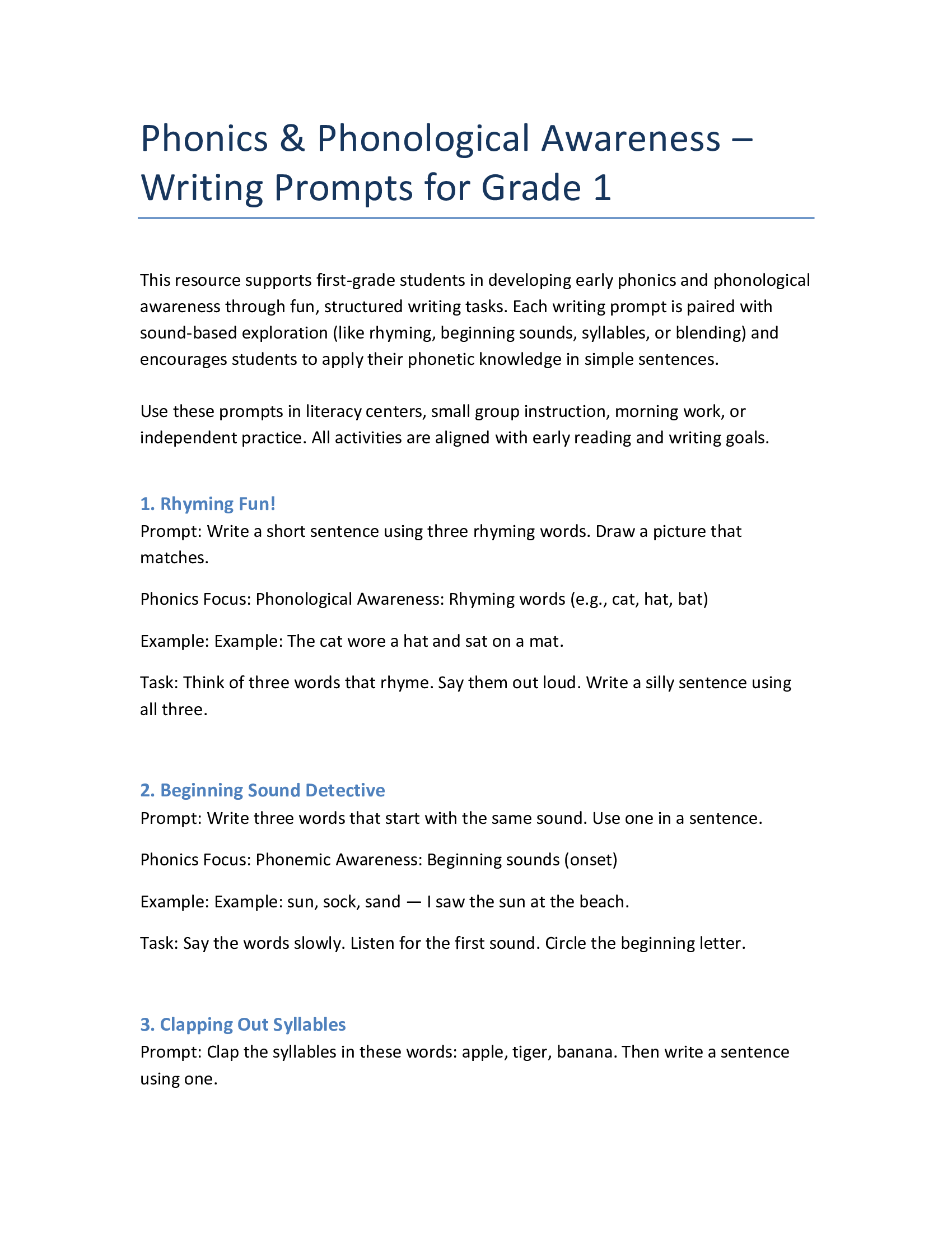 Grade 1 Phonics Writing Prompts – Build Phonological Awareness