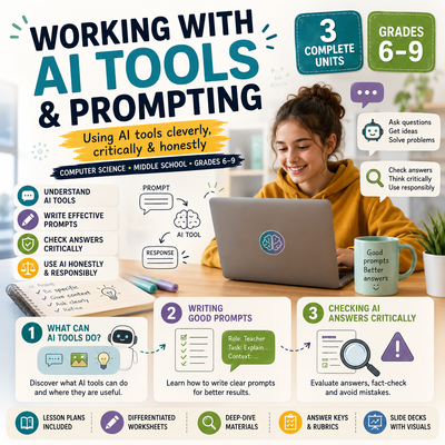 Working with AI Tools and Prompting – Computer Science Unit: Worksheets, Projects & Slides (Grades 6–9)
