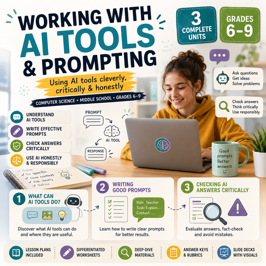 Working with AI Tools and Prompting – Computer Science Unit: Worksheets, Projects & Slides (Grades 6–9)