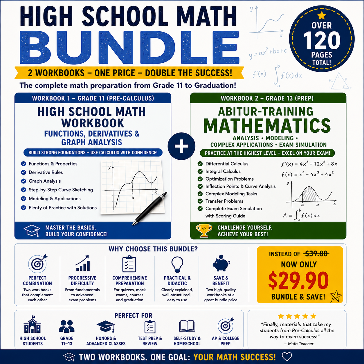 AP Calculus Mega Bundle educational workbook cover featuring two printable high school math workbooks for AP Calculus AB and BC, including derivatives, integrals, graph analysis, optimization, mathematical modeling, practice exams, and comprehensive exam preparation for Grades 11–12.
