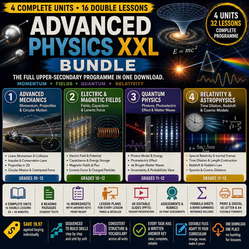 Advanced Physics XXL Bundle | Mechanics, Fields, Quantum & Relativity | 4 Complete Units | Honors & AP