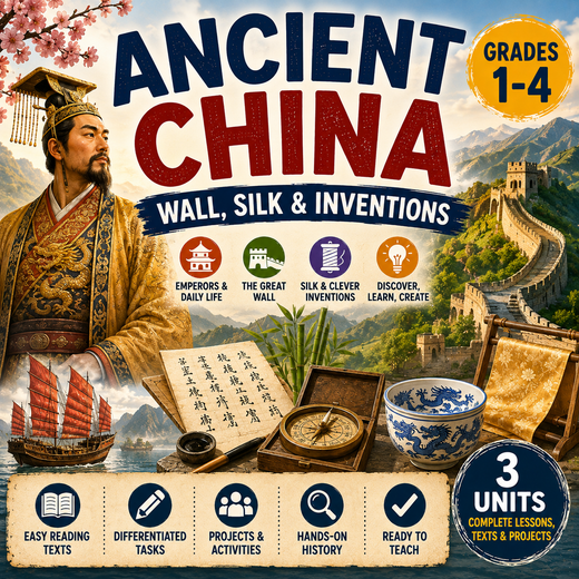 Ancient China: Great Wall, Silk & Inventions Unit – Worksheets, Projects & Slides (Grades 1–4)