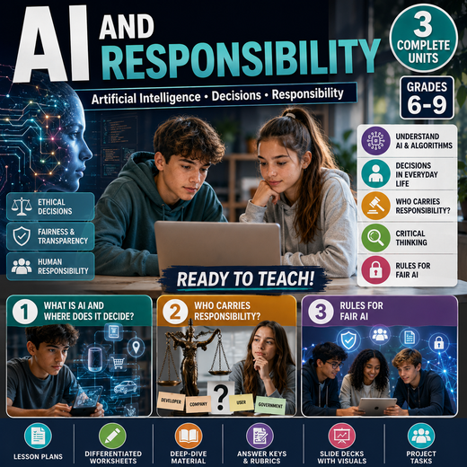 AI and Responsibility – Ethics Unit: Worksheets, Projects & Slides (Grades 6–9)