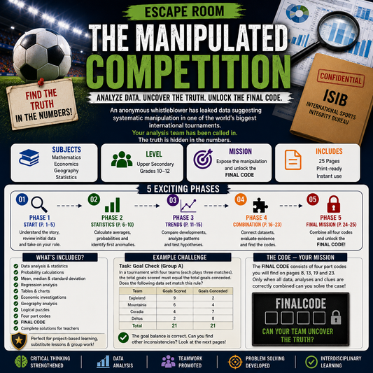 Printable data analysis escape room poster for Grades 10–12 featuring statistics, probability, regression, economics and geography challenges in a sports investigation setting, with students uncovering manipulation through tables, charts, evidence analysis and a final code mission.