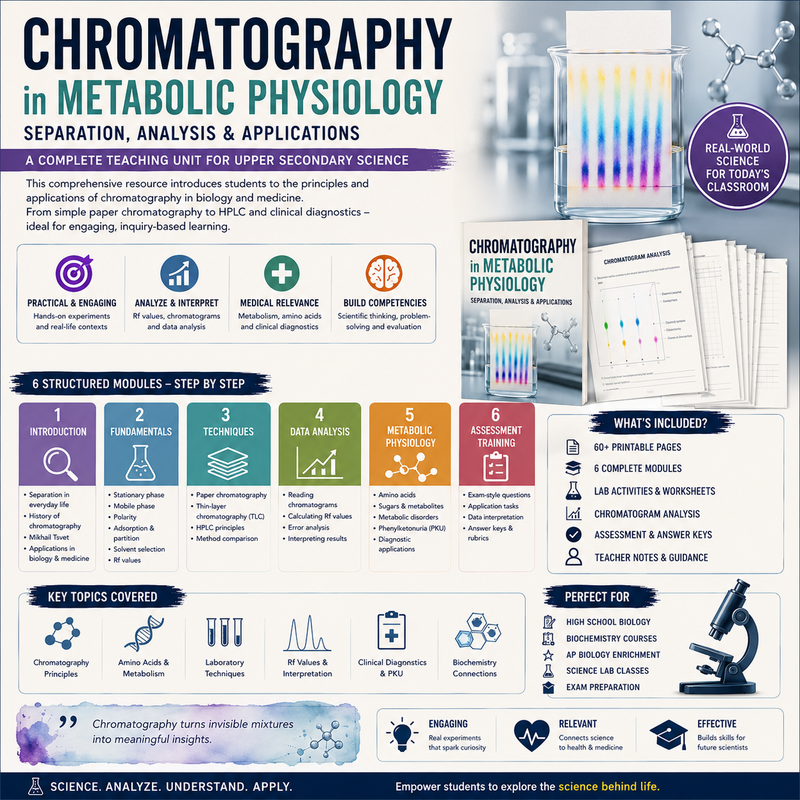 Printable high school biology and biochemistry unit covering chromatography, amino acid analysis, HPLC, laboratory diagnostics, metabolic physiology, biochemical investigations, and STEM education.