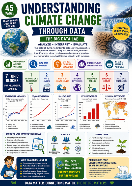 Printable climate change data analysis workbook featuring graphs, charts and evidence-based activities on global warming, CO₂ emissions, sea level rise, glacier melt, extreme weather and sustainability.