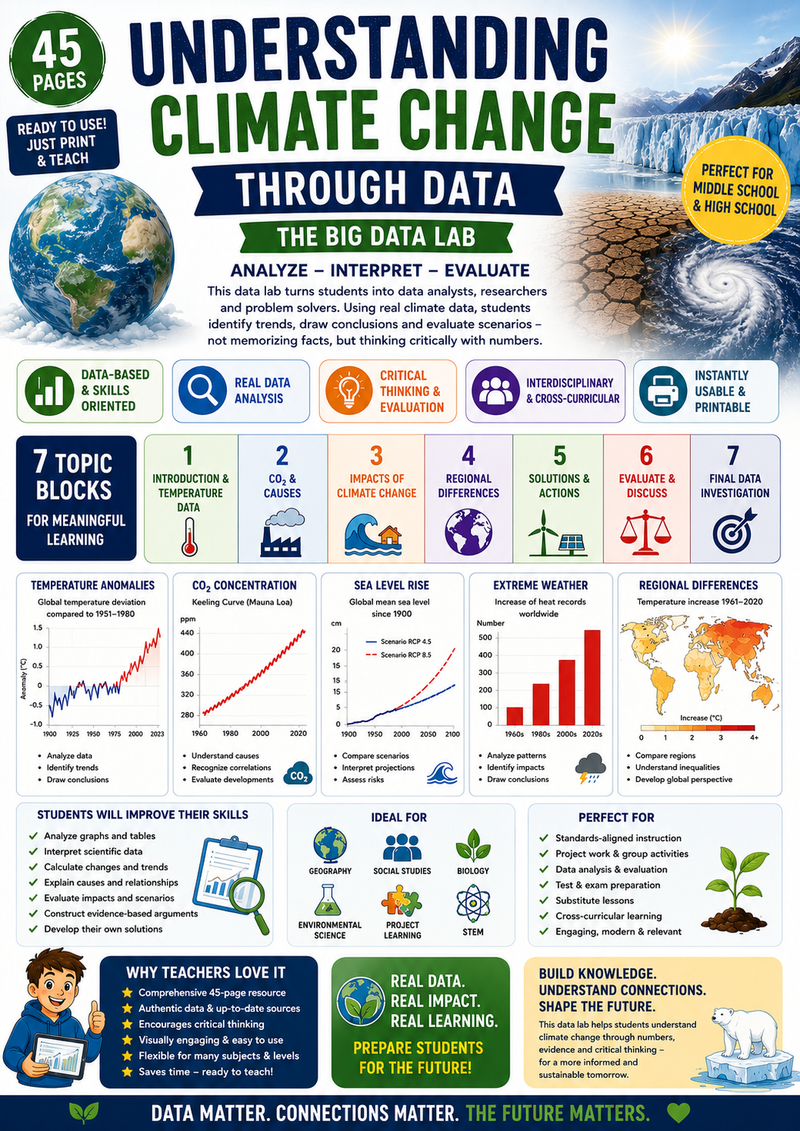 Printable climate change data analysis workbook featuring graphs, charts and evidence-based activities on global warming, CO₂ emissions, sea level rise, glacier melt, extreme weather and sustainability.