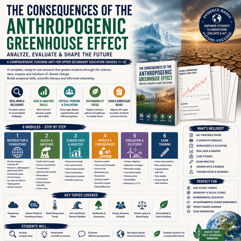Printable high school climate change unit covering greenhouse gases, climate data analysis, tipping points, sustainability, climate justice, environmental science, and global environmental challenges.