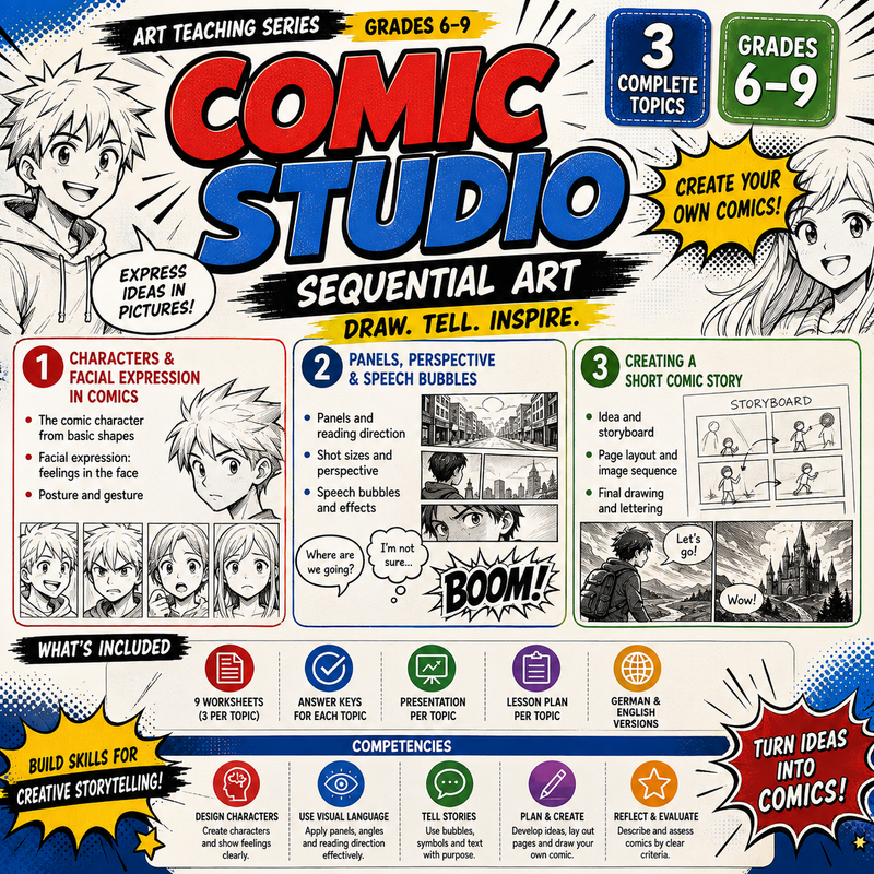 Comic Drawing Activities | Characters, Panels & Visual Storytelling | Middle School Art Unit | Grades 6–9