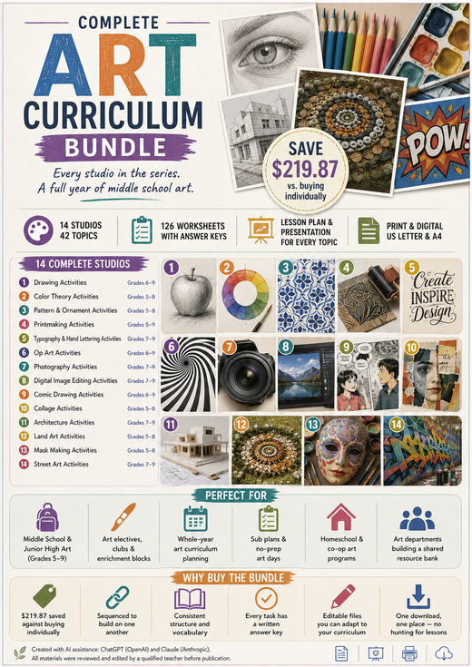 Complete Art Curriculum Bundle | 14 Hands-On Art Studios | Middle School Art | Grades 5–9