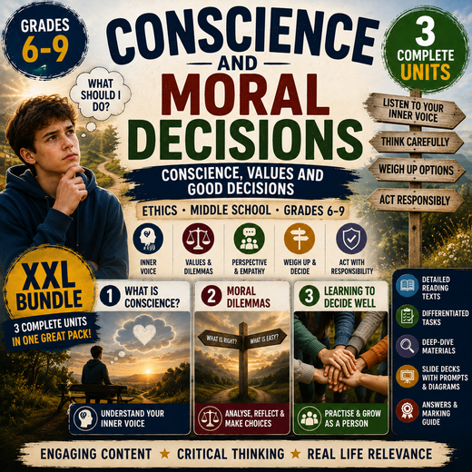 Conscience and Moral Decisions – Ethics Unit: Worksheets, Projects & Slides (Grades 6–9)