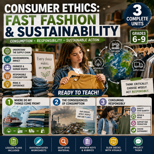 Consumer Ethics: Fast Fashion & Sustainability – Ethics Unit: Worksheets, Projects & Slides (Grades 6–9)